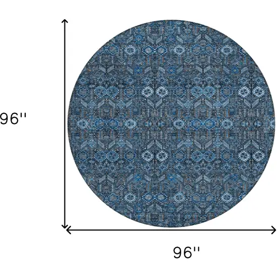 Blue and Black Round Floral Washable Non Skid Indoor Outdoor Area Rug Photo 3