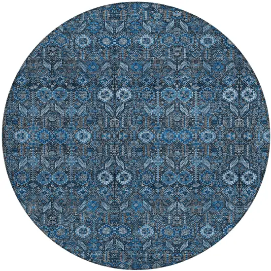 Blue and Black Round Floral Washable Non Skid Indoor Outdoor Area Rug Photo 2