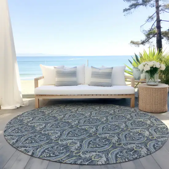 Blue and Cream Round Damask Washable Non Skid Indoor Outdoor Area Rug Photo 8