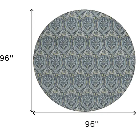 Blue and Cream Round Damask Washable Non Skid Indoor Outdoor Area Rug Photo 3