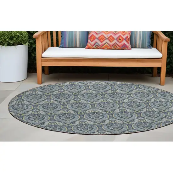 Blue and Cream Round Damask Washable Non Skid Indoor Outdoor Area Rug Photo 1