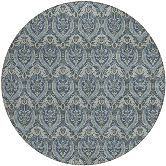 Blue and Cream Round Damask Washable Non Skid Indoor Outdoor Area Rug Photo 2