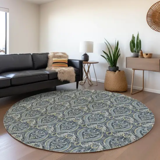 Blue and Cream Round Damask Washable Non Skid Indoor Outdoor Area Rug Photo 9