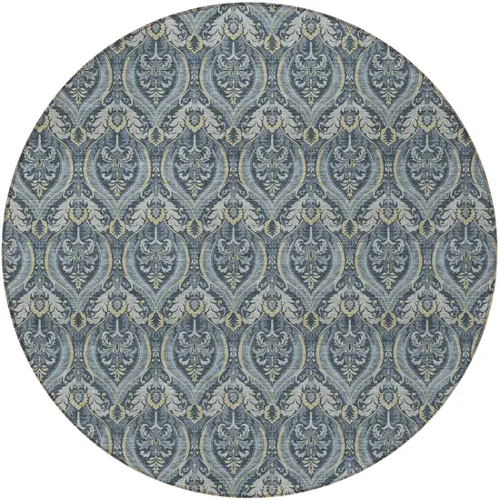 8' Round Blue and Cream Round Damask Washable Non Skid Indoor Outdoor Area Rug Photo 5