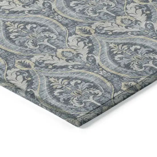 8' Round Blue and Cream Round Damask Washable Non Skid Indoor Outdoor Area Rug Photo 7