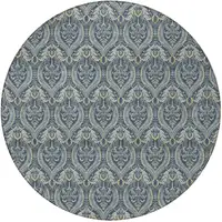 Photo of 8' Round Blue and Cream Round Damask Washable Non Skid Indoor Outdoor Area Rug