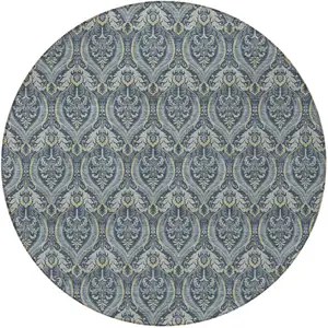 Photo of 8' Round Blue and Cream Round Damask Washable Non Skid Indoor Outdoor Area Rug