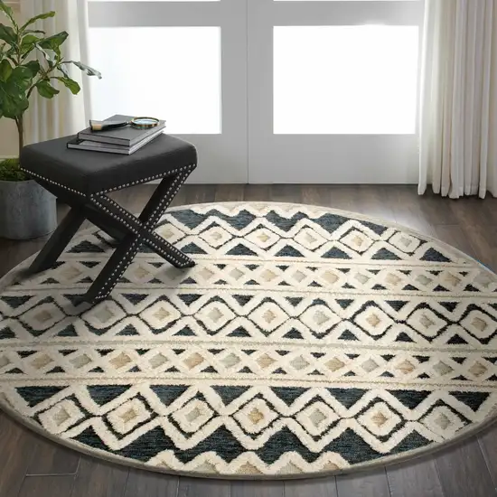 4' Round Blue and Cream Stripe Diamond Area Rug Photo 7