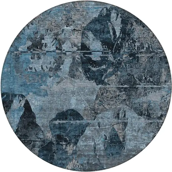 Blue and Dark Blue Round Floral Washable Non Skid Indoor Outdoor Area Rug Photo 2