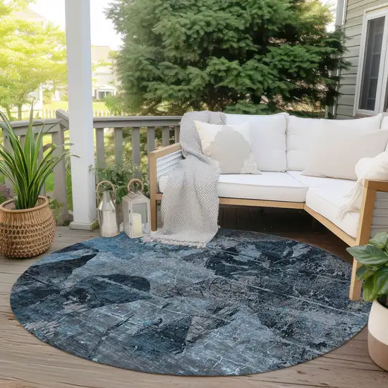 Blue and Dark Blue Round Floral Washable Non Skid Indoor Outdoor Area Rug Photo 8