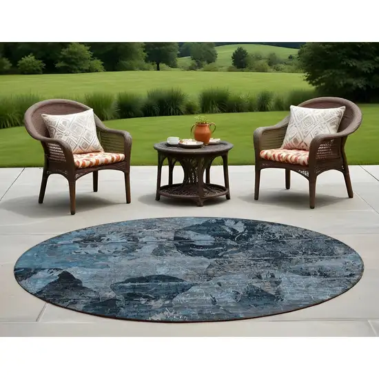 Blue and Dark Blue Round Floral Washable Non Skid Indoor Outdoor Area Rug Photo 1