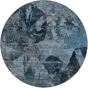 Photo of 8' Round Blue and Dark Blue Round Floral Washable Non Skid Indoor Outdoor Area Rug