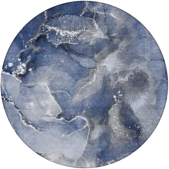 8' Round Blue and Gray Round Abstract Washable Non Skid Indoor Outdoor Area Rug Photo 4