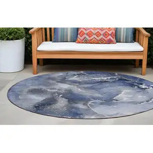 Photo of 8' Round Blue and Gray Round Abstract Washable Non Skid Indoor Outdoor Area Rug