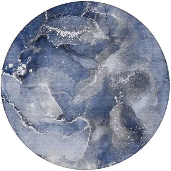 Blue and Gray Round Abstract Washable Non Skid Indoor Outdoor Area Rug Photo 5