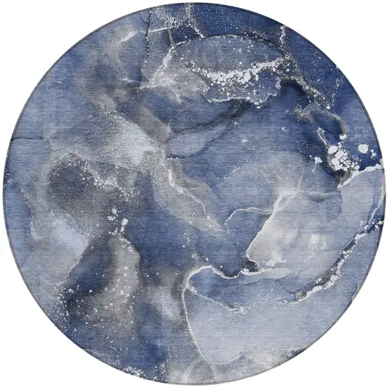 Blue and Gray Round Abstract Washable Non Skid Indoor Outdoor Area Rug Photo 2