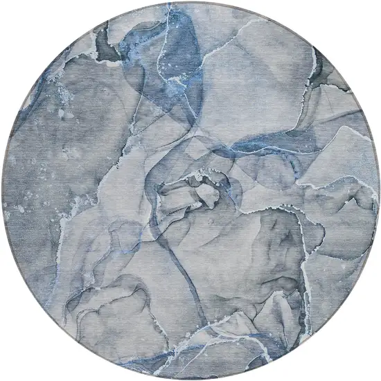 8' Round Blue and Gray Round Abstract Washable Non Skid Indoor Outdoor Area Rug Photo 2