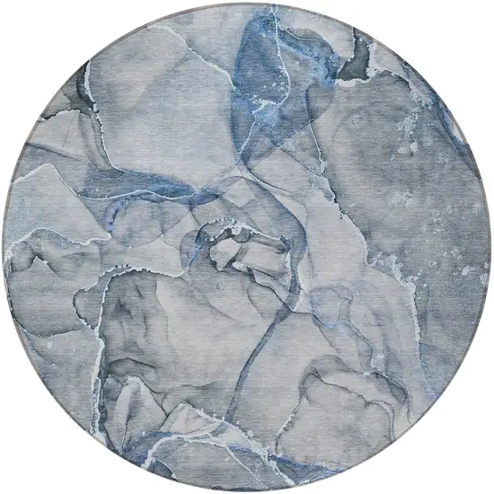 Blue and Gray Round Abstract Washable Non Skid Indoor Outdoor Area Rug Photo 4