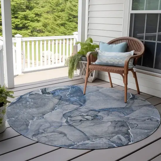 8' Round Blue and Gray Round Abstract Washable Non Skid Indoor Outdoor Area Rug Photo 8