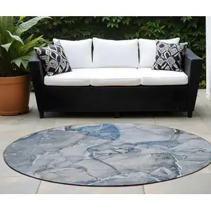 Photo of 8' Round Blue and Gray Round Abstract Washable Non Skid Indoor Outdoor Area Rug