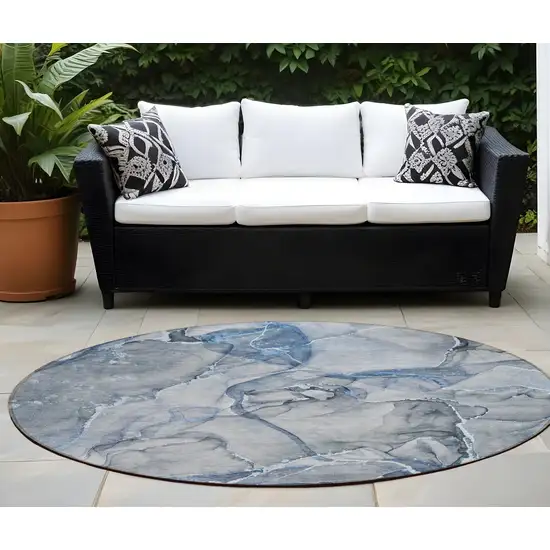 8' Round Blue and Gray Round Abstract Washable Non Skid Indoor Outdoor Area Rug Photo 1