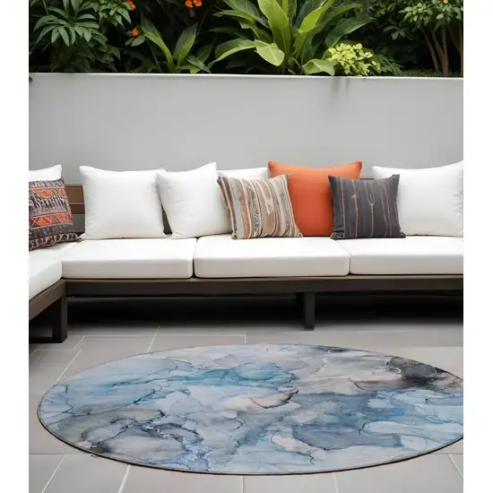 8' Round Blue and Gray Round Abstract Washable Non Skid Indoor Outdoor Area Rug Photo 1