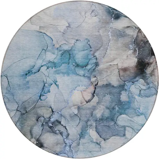 Blue and Gray Round Abstract Washable Non Skid Indoor Outdoor Area Rug Photo 2