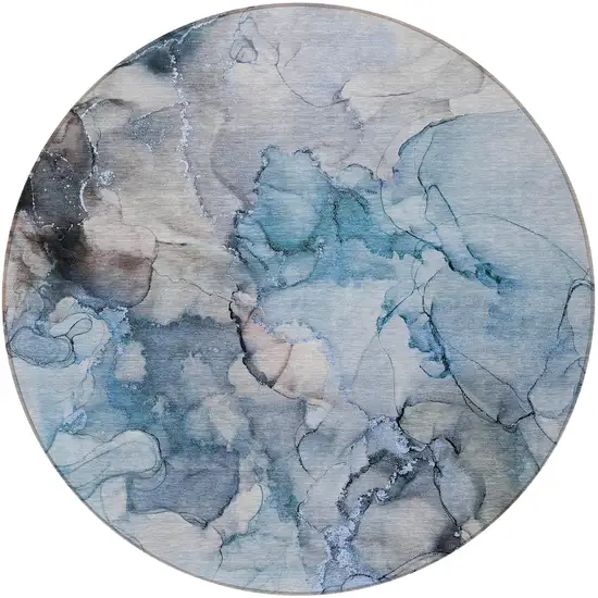 Blue and Gray Round Abstract Washable Non Skid Indoor Outdoor Area Rug Photo 5