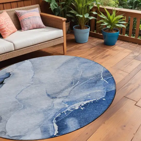 8' Round Blue and Gray Round Abstract Washable Non Skid Indoor Outdoor Area Rug Photo 1