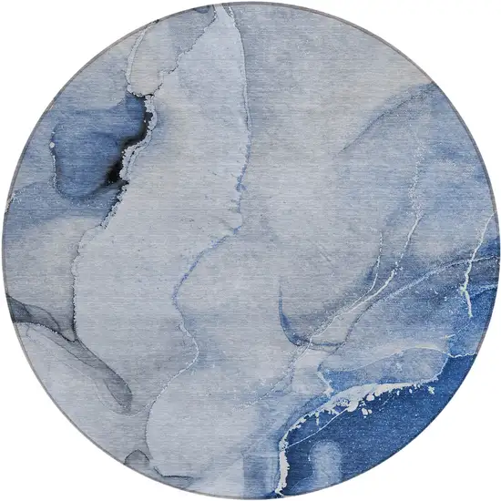 Blue and Gray Round Abstract Washable Non Skid Indoor Outdoor Area Rug Photo 2