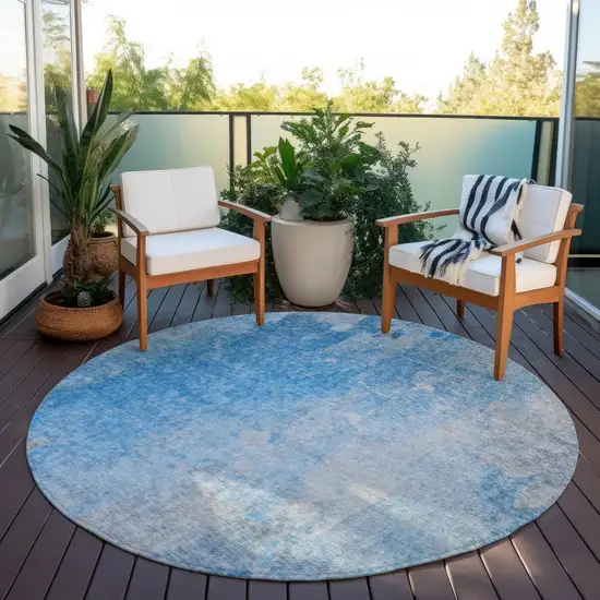 Blue and Gray Round Abstract Washable Non Skid Indoor Outdoor Area Rug Photo 8