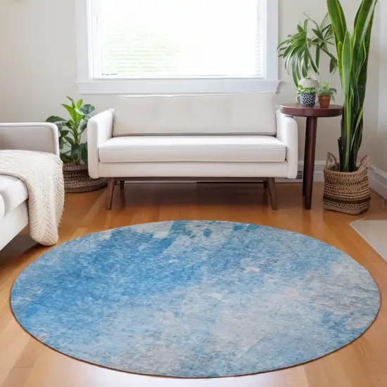 8' Round Blue and Gray Round Abstract Washable Non Skid Indoor Outdoor Area Rug Photo 9