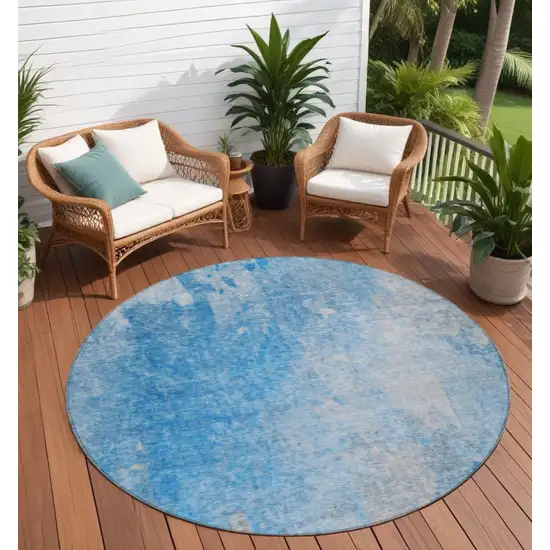 Blue and Gray Round Abstract Washable Non Skid Indoor Outdoor Area Rug Photo 1