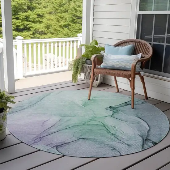 Blue and Gray Round Abstract Washable Non Skid Indoor Outdoor Area Rug Photo 8