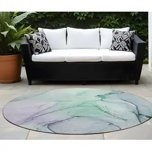 Photo of 8' Round Blue and Gray Round Abstract Washable Non Skid Indoor Outdoor Area Rug