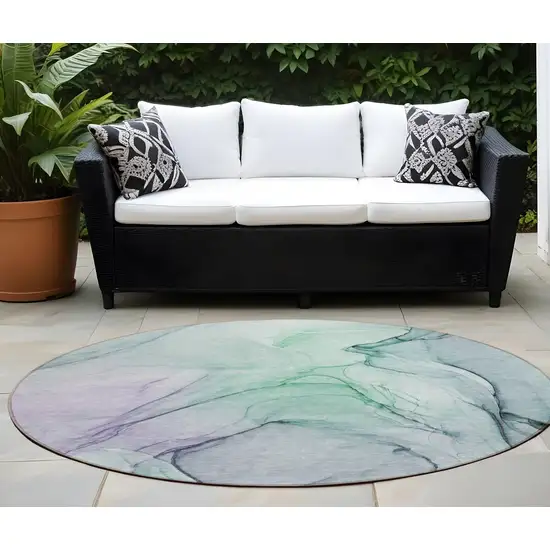 8' Round Blue and Gray Round Abstract Washable Non Skid Indoor Outdoor Area Rug Photo 1