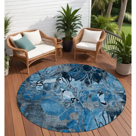 Blue and Gray Round Abstract Washable Indoor Outdoor Area Rug Photo 1