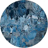 Photo of 8' Round Blue and Gray Round Floral Washable Non Skid Indoor Outdoor Area Rug