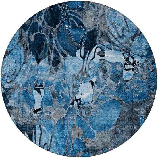 8' Round Blue and Gray Round Floral Washable Non Skid Indoor Outdoor Area Rug Photo 3