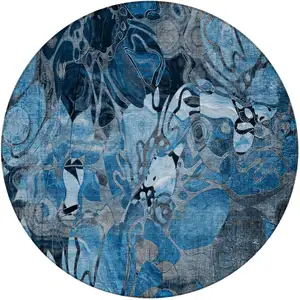 Photo of 8' Round Blue and Gray Round Floral Washable Non Skid Indoor Outdoor Area Rug