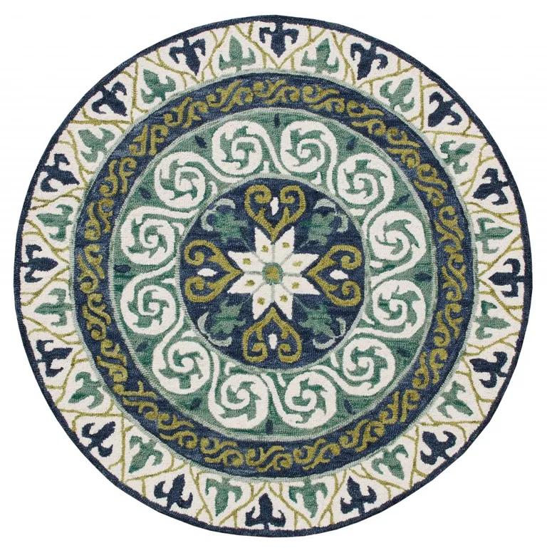 5' Round Blue and Green Ornate Medallion Area Rug Photo 1