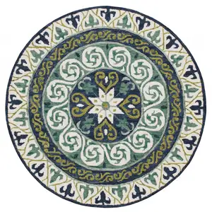 Photo of 7' Round Blue and Green Ornate Medallion Area Rug