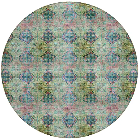 Blue and Green Round Floral Medallion Washable Non Skid Indoor Outdoor Area Rug Photo 2