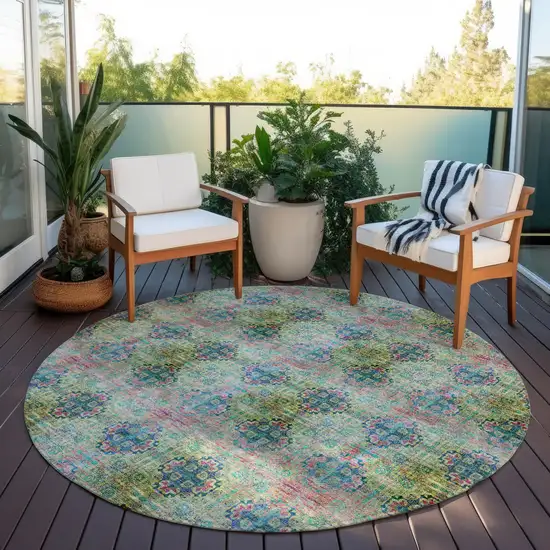 Blue and Green Round Floral Medallion Washable Non Skid Indoor Outdoor Area Rug Photo 7