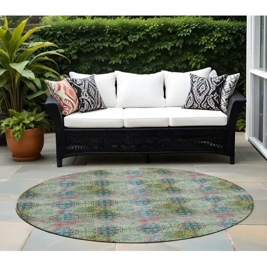 Blue and Green Round Floral Medallion Washable Non Skid Indoor Outdoor Area Rug Photo 1