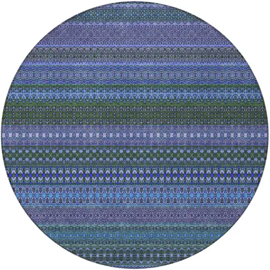 8' Round Blue and Green Round Striped Washable Non Skid Indoor Outdoor Area Rug Photo 5