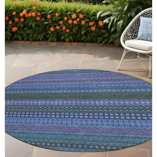 Blue and Green Round Striped Washable Non Skid Indoor Outdoor Area Rug Photo 1