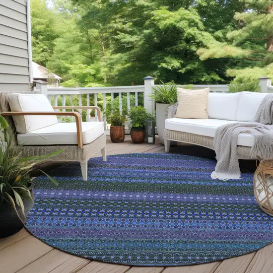 Blue and Green Round Striped Washable Non Skid Indoor Outdoor Area Rug Photo 8