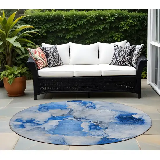 Navy Blue Round Abstract Washable Indoor Outdoor Area Rug Photo 1