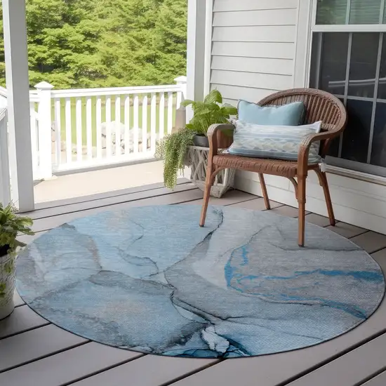 8' Round Blue and Ivory Round Abstract Washable Non Skid Indoor Outdoor Area Rug Photo 8